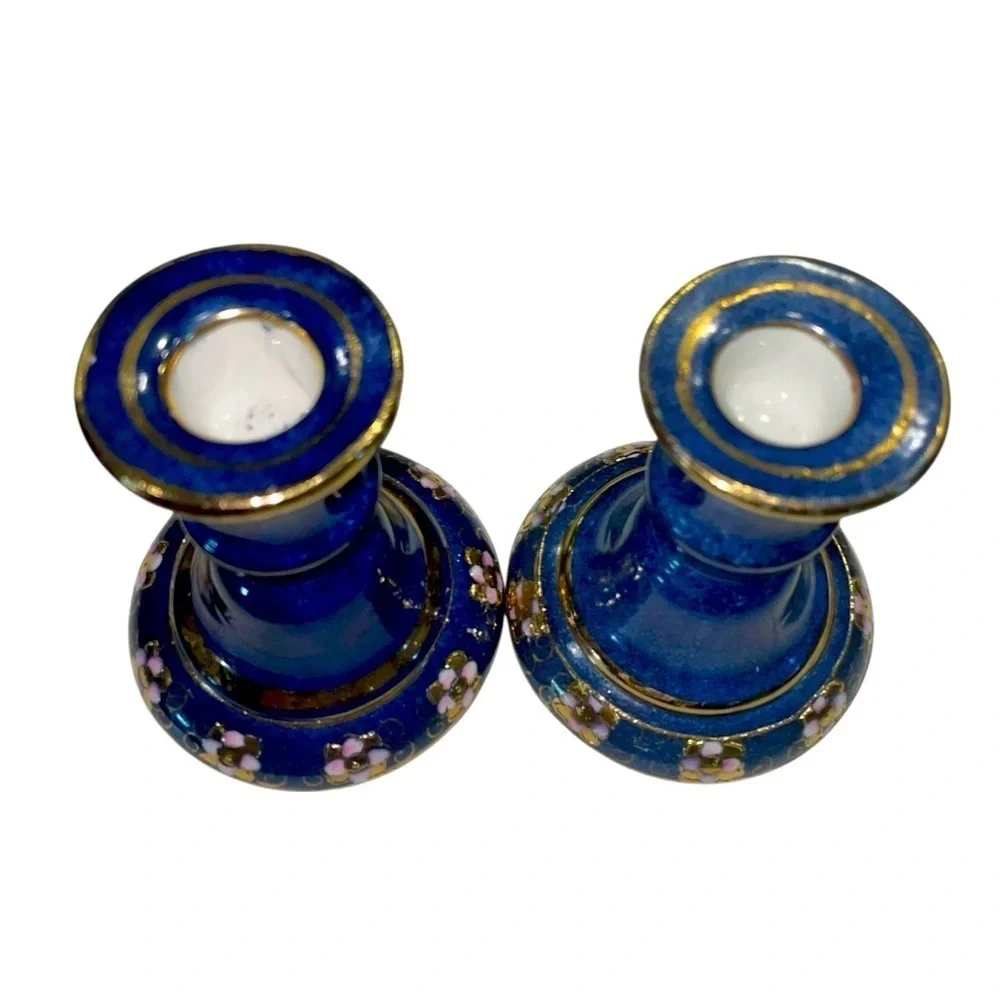 Toyo Enamel & Gold Leaf Porcelain Ornate Floral Design Candle Holders 4.25”